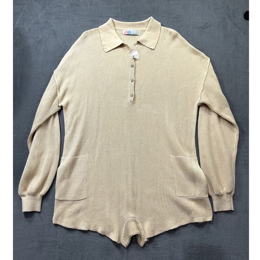 Free People Beach Sweater Women Beige Ribbed Knit Henley Pocket Size Large